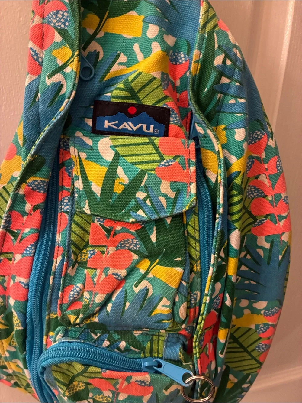 Kavu Tropical Floral Rope Sling Bag — Teal, Coral & Green
